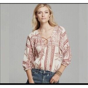 Free People Yo Yo Geo Rust & White BOHO Peasant Blouse Lightweight MEDIUM EUC